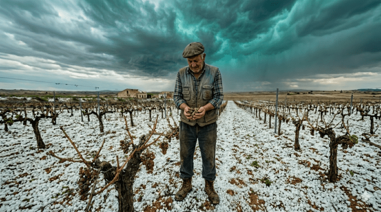 Agricultor valenciano evaluando daños por granizo en viñedo arrasado 2026